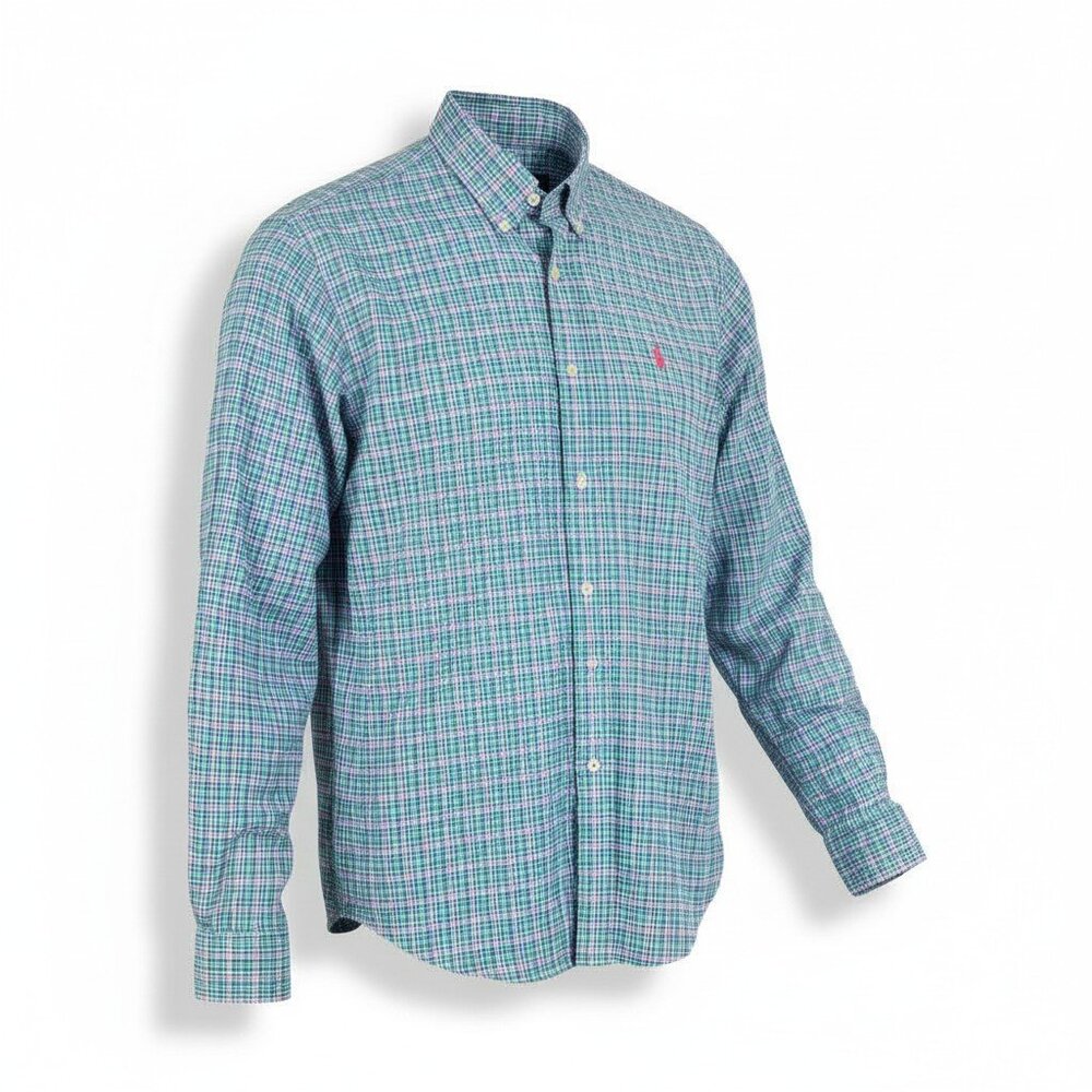 Ralph Lauren Dress Shirt Long Sleeve Large Blue Pink  Green Plaid Button Up